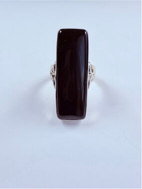 Fleur De Lis Jet Black Onyx Retangular Large 925 Sterling Silver Vintage Ring